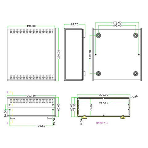 Technical drawing of Diy Ready Electrical Control Panel Enclosure Box In Blue Heavy Duty Metal Case With Abs Panel 220 x 80 x 195 mm