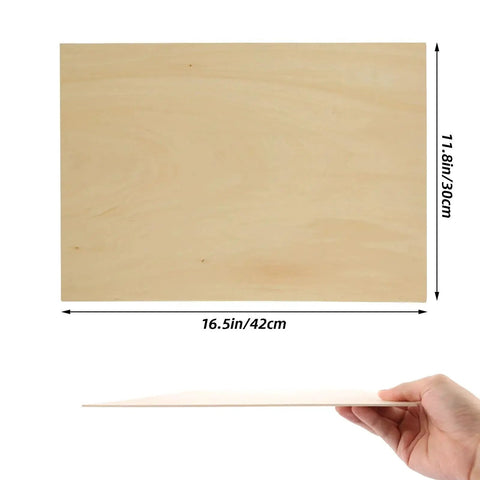 Premium Unfinished Basswood Sheets Set Twelve Pieces 16 By 12 Inches One Sixteenth Inch Thick For Arts And Crafts Painting Pyrography Wood Engraving Wood Burning Laser Cutting And Architectural Models DIY Friendly, showing front and side views.