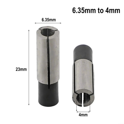 Collet adapters (2) for CNC router spindles; 6.35mm to 4mm, 65Mn steel shank converter.