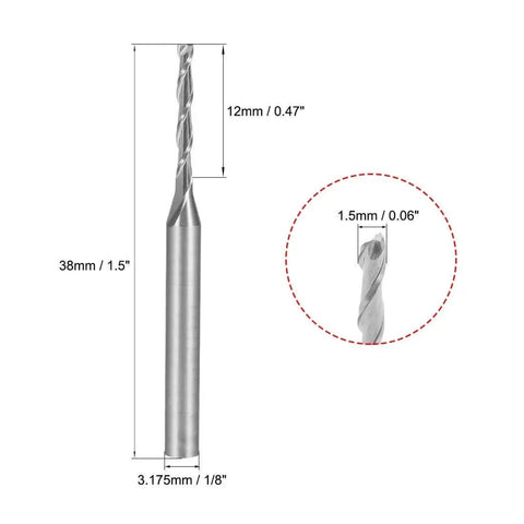 Five Pack One Eighth Inch Shank Carbide End Mills for CNC Router Bits, 1.5mm Cutting Diameter, 38mm Length, Two Flutes