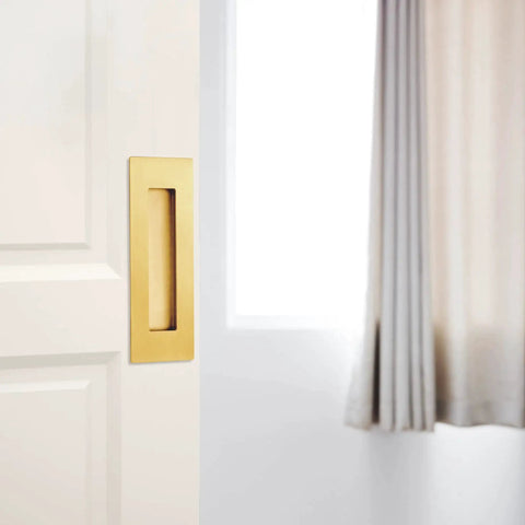 Recessed Finger Flush Pulls For Pocket And Sliding Barn Doors In Brushed Gold Stainless Steel Rectangular Door Pulls 6 Inch installed