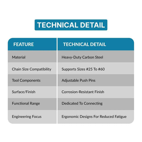Technical details chart for Heavy Duty Roller Chain Connector Puller Holder Tool with carbon steel and corrosion resistance.