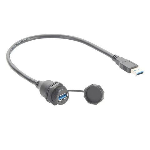 Rugged IP67 USB 3.0 A Male To Female Bulkhead Panel Mount Extension Cable 0.3M Waterproof Cap 5Gbps Data Transfer
