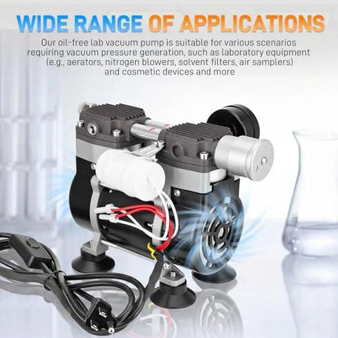 Oil-free lab vacuum pump with dual heads, hoses, switch pressure gauge, and rubber feet.