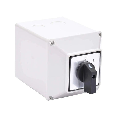 3 Position Latching Changeover Selector Switch Box 63A 440V, front view with rotary dial marked 0-1-2.