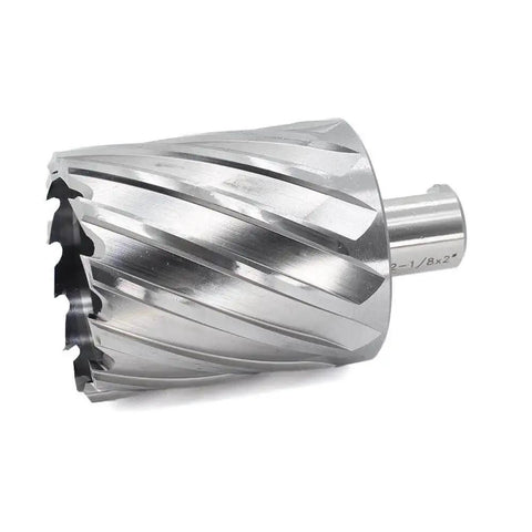 High Speed Two And One Eighth Inch Annular Cutter For Magnetic Drill Press With Two Inch Cutting Depth And Three Quarter Inch Weldon Shank Two Flat Pilot Pin And Thin Walled Dual Teeth Ten Times Faster Than Regular Drill Bits By OSCARBIDE close-up, showing metal material and dual teeth.
