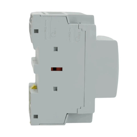 Side view of 4 Pole Contactor With 110 120V Coil, 63A Normally Closed NC, heavy duty DIN rail mount, industrial grade for HVAC use.