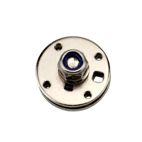 Close-up of round chrome disk hinge damper with blue seal and mounting holes, 1 piece