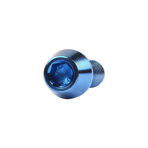 Close-up of Dope Blue Titanium DIN912 M4 Hex Bolt, tapered head, 6AL4V alloy, 3mm hex drive, 8mm length, for bicycle frames.