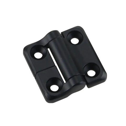 Black zinc-alloy torque hinge, square industrial hinge with four mounting holes.