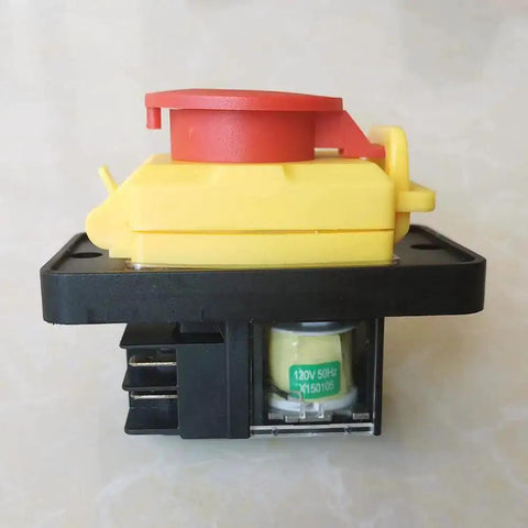 Side view of Emergency Stop Pushbutton Switch 120V 16A Waterproof IP54 with undervoltage and overload protection; yellow and red design