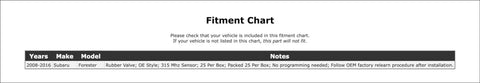 Fitment chart for Subaru Forester TPMS valve kit (2008–2016): rubber OE-style valve; 315 MHz sensor; 25 per box.