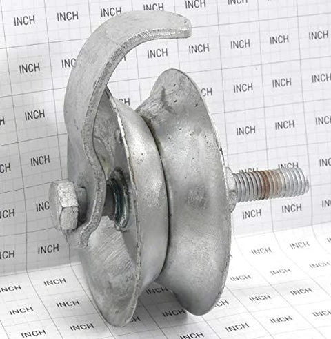 Side view of Amazon 5-inch galvanized steel pipe track roller for 1 5/8-inch O.D. pipe with bolt