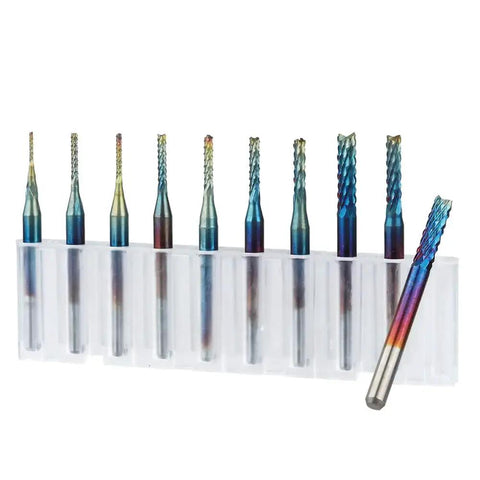 Ten Piece Nano Blue Coat End Mill CNC Router Bits Set For PCB Mold Plastic Fiber Carbon Fiber Hard Wood With One Eighth Inch Shank And Diameters From 0.8 To 3.175mm For Precision Milling And Do It All CNC Machining
