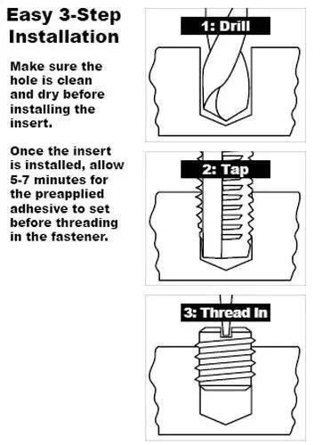 Diagram showing the installation steps for Thread Repair Kit For Metal Carbon Steel Inserts 3/8-16 With Installation Tools.