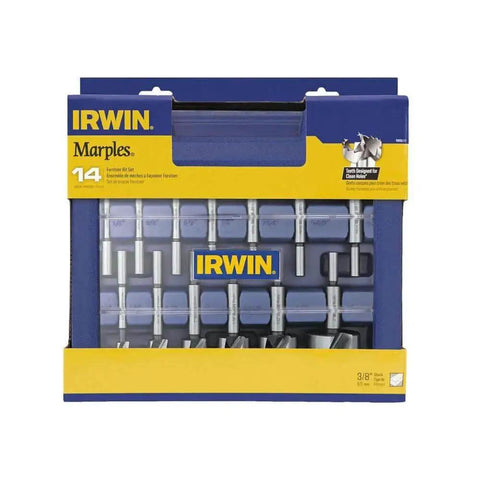 Forstner Bit Set 14 Pieces For Woodworking Carbon Steel By IRWIN Marples Pro Grade packaging with visible bits inside.