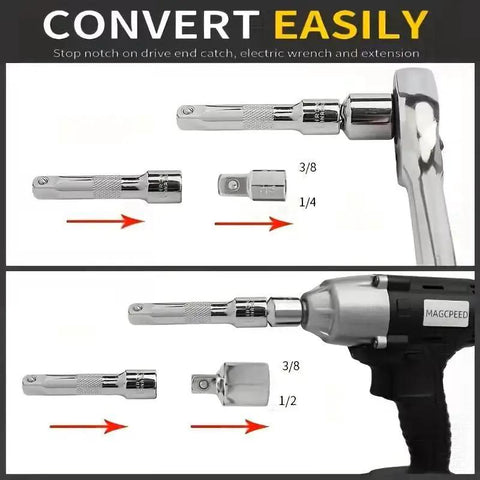 6-piece chrome-vanadium ratchet socket adapter set showing 3/8 in and 1/4 in adapters with a ratchet
