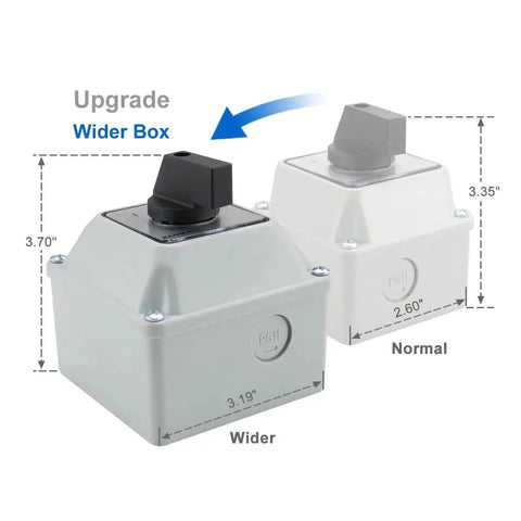 Comparison of Universal Rotary Changeover Switch SZW26-20/D202.2D-W Wider Master Exterior Box with Normal Box 3.19 vs 2.60 inches.