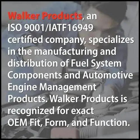 Text showing Walker Products' certification and specialization in OEM fuel system components and engine management products.