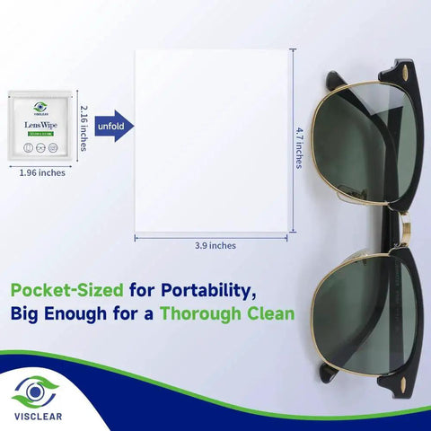 Lens Wipes For Eyeglasses And Screens And Camera Lenses Ocean Scent 100 Count, dimensions shown beside folded wipe and sunglasses.