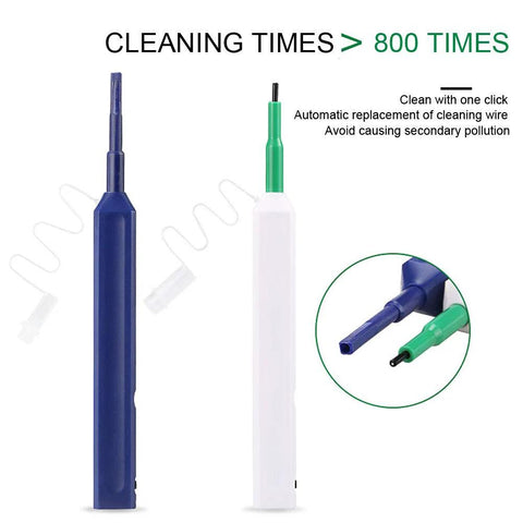 2pcs fiber optic cleaner pens in blue and white, plastic bodies with green tips, one-click cleaning for LC/SC/ST.