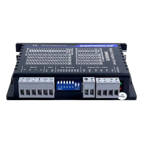 Front view of TE Series Digital Stepper Driver 1.8-5.6A 24-50VDC for Nema motors, showing connection ports and control switches.