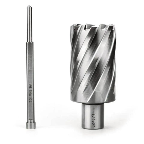 1-1/2 Inch Annular Cutter For Magnetic Drill Press With 2 Inch Cutting Depth And Three Quarter Inch Weldon Shank Two Flats Pilot Pin Pro Grade Heavy Duty Hole Boring Bit For Fast Metal Holes By OSCARBIDE with pilot pin.