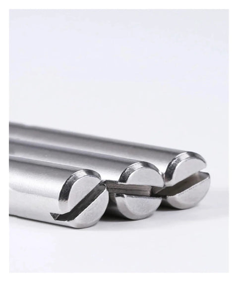 Close-up of Stainless Steel Dowel Pin Set 304 Slotted Outside Thread Solid Cylindrical Locator Pins for M2 to M10 sizes, 6mm length.