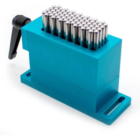 67 Pin CNC High-Precision Flexible Fixture Clamps For 30x79mm Workholding, anodized aluminum base with blue finish, side view