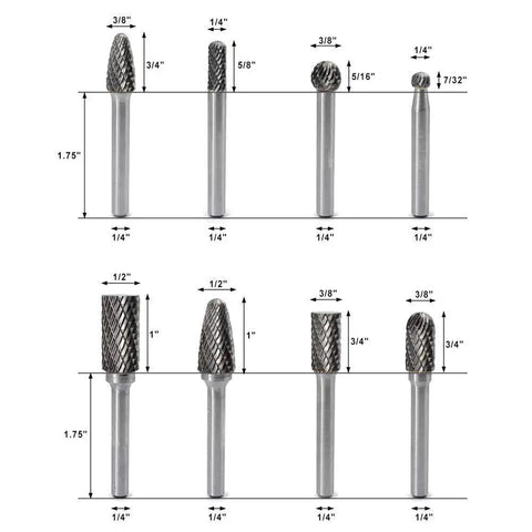 Eight Piece Double Cut Carbide Burr Set With One Quarter Inch Shank For Die Grinder And Rotary Tools Ideal For Metal Wood Carving Engraving Polishing Drilling Includes Eight High Performance Tungsten Carbide Burrs By YUFUTOL
