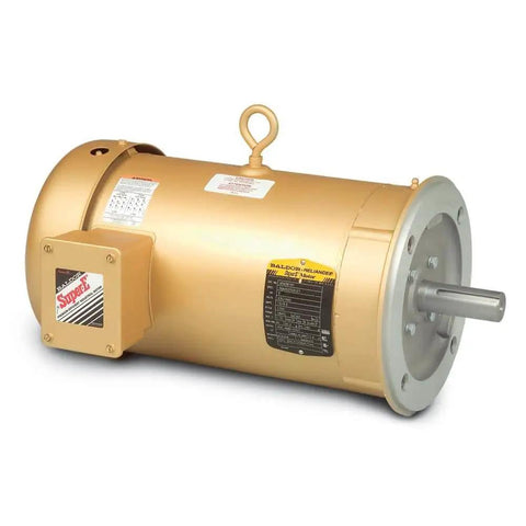 3 HP 3-Phase TEFC motor VEM3561, 1,760 RPM, Frame 56C, 230/460V 60 Hz, gold casing with labeled side view