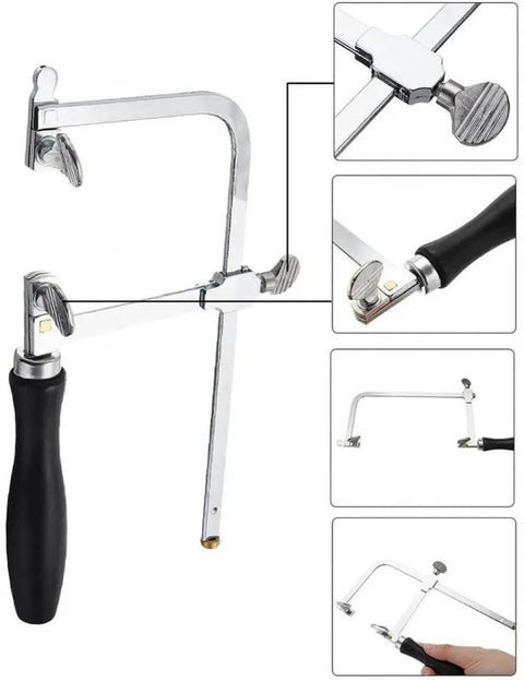 Adjustable Jeweler's Saw Frame Kit With 144 Blades Pro Grade 3 In 1 Jewelry Making Set shown with detailed components.
