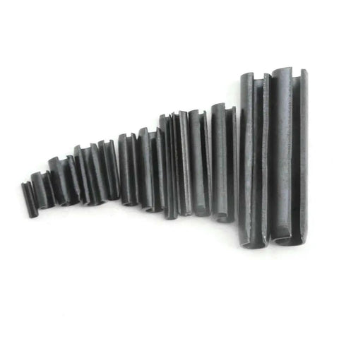 390 Pieces 13 Kinds M1.5 M2 M2.5 M3 M4 M5 M6 Steel Split Dowel Roll Pins Kit arranged by size on white background.