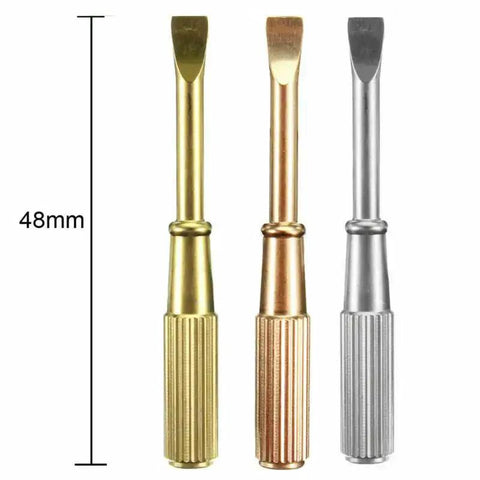 Mini Titanium Steel Screwdriver For Love Bracelet Repair Tools in gold color with non-slip handle, 48mm size shown in three colors.