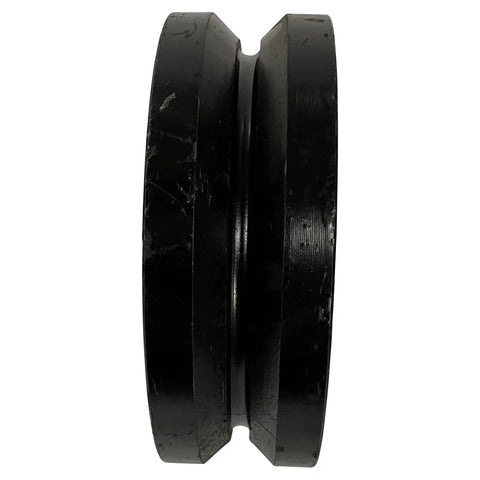 Side view of a black Sturdy 6 Inch Cast Iron V Groove Wheel With Sealed Bearings For Gate Tracks, showing the V-groove design.