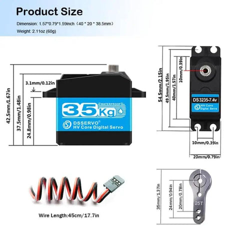 Diagram of Pack Of 2 Beefy 35Kg High Torque RC Servo with dimensions, 7.4V digital motor, and stainless steel gears for RC projects.