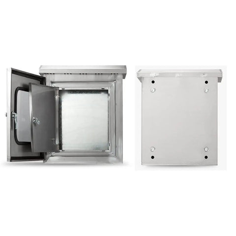 Front and top view of Stainless Steel Outdoor Weatherproof Electrical Junction Box with Mounting Panel and Hinged Cover open.