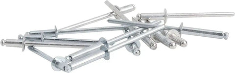 Pop Rivet Assortment Kit For Metal Fabric Leather And Auto Repair One Eighth Inch Rivets Aluminum And Steel scattered on white surface