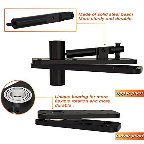 Beefy Heavy Duty Stainless Steel Hidden Door Pivot Hinge System for Wooden Doors 360 Degree Rotation Invisible Door Hinges Set Black Finish 1 Pack Rugged Construction Premium Furniture Hardware, showing components and close-up of bearing.
