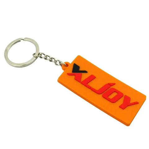 Orange and red XLJOY keychain with metal ring and chain attachment