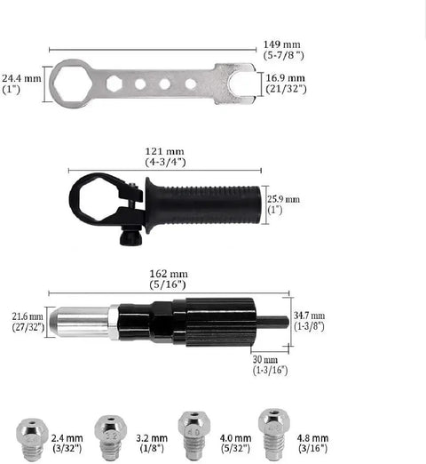 Cordless Rivet Gun Tool Kit For Drills With Four Threaded Heads 2.4mm 3.2mm 4.0mm 4.8mm, Pro Grade Riveter Drill Attachment Set.