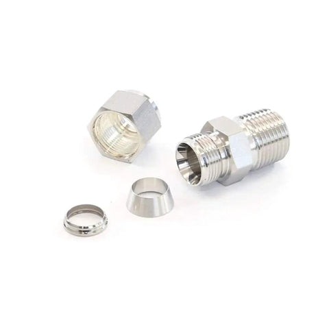 304 Stainless Steel Compression Fitting Ferrule For Oil Lines, Five Sixteenths Inch Tube OD To One Half Inch NPT Male Straight Adapter With Double Ferrules, Corrosion Resistant, High Pressure Up To 2900 Psi components shown separately