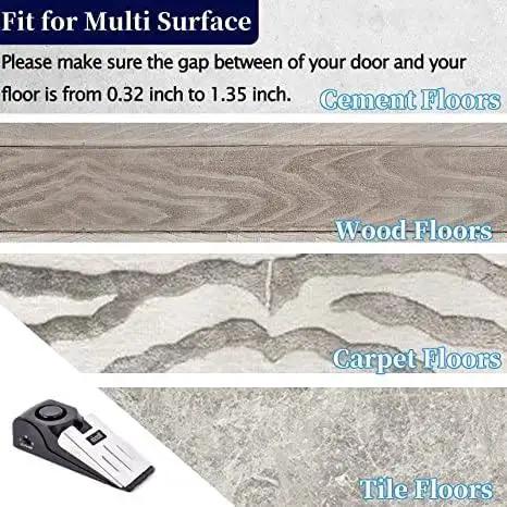 Door Stop Alarm 120dB Security Floor Wedge Door Stopper For Travel Home Pack 2 shown on various floor types: cement, wood, carpet, tile.
