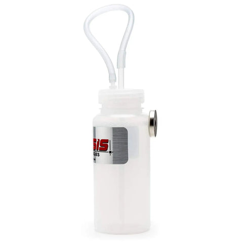 Genesis brake bleeder bottle with magnetic 16-lb mount and 12in tube, white plastic bottle, front view
