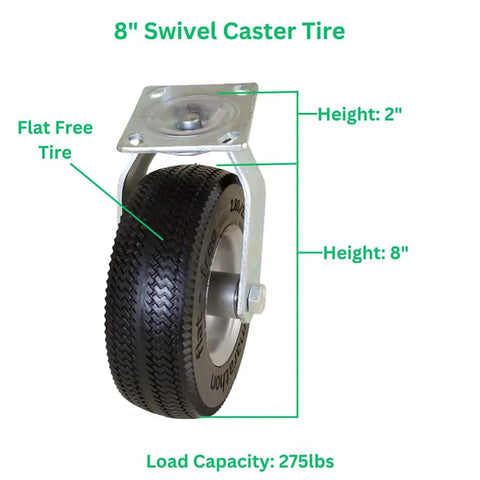 8 Inch Swivel Caster With Flat Free 2.80/2.50-4 Tire Mounted On Rigid Caster Non Marking Sawtooth Tread 275 Lb Capacity