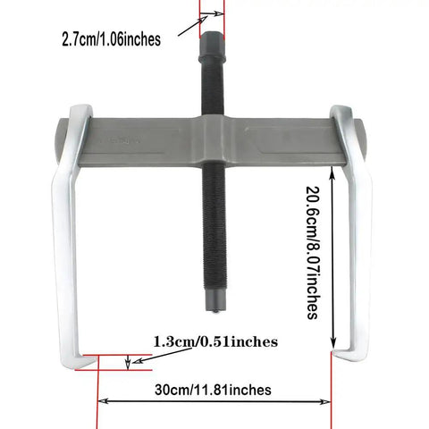 14 Inch Two Jaw Gear Puller For External And Internal Bearing Removal, Heavy Duty Chrome Vanadium Steel Construction with measurements.