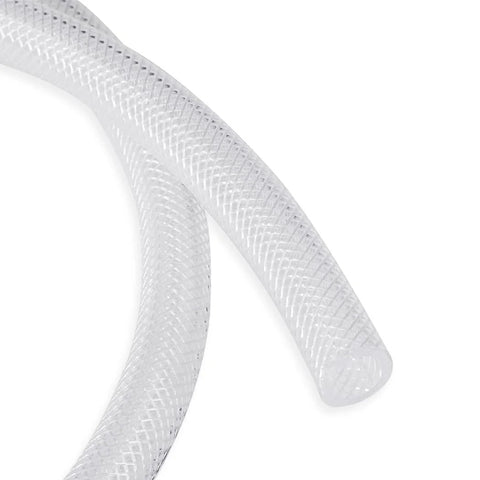 1-in ID braided clear PVC tubing; flexible reinforced plastic hose, close-up view.