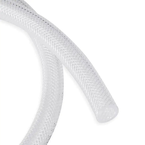 Close-up of Clear Braided PVC Tubing One Half Inch Inner Diameter Fifty Feet Long Flexible High Pressure Reinforced Vinyl Hose