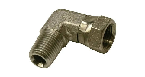 One Half Inch Male Pipe To Three Eighth Inch Female Pipe Swivel 90 Degree Hydraulic Adapter For Plumbing And Hydraulics