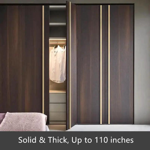 Wooden sliding closet doors with a shirt hanging inside, text reads 'Solid & Thick, Up to 110 inches' at the bottom.